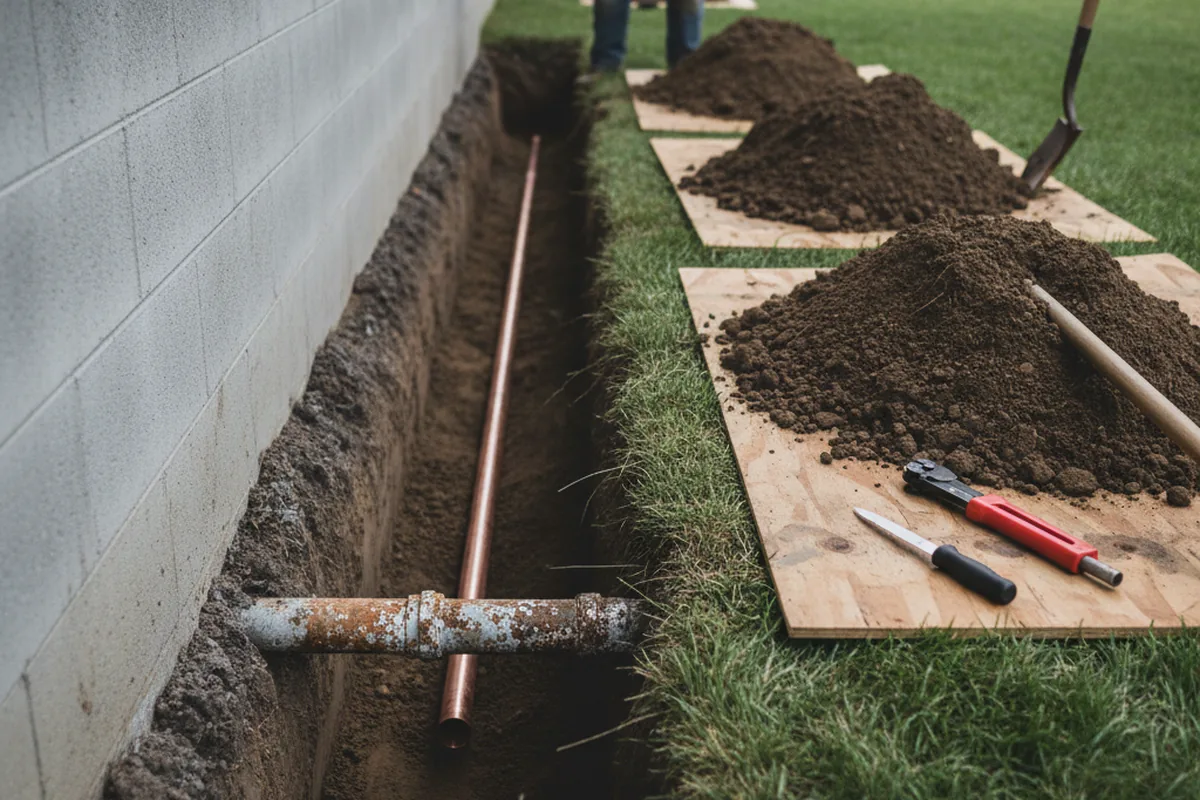 Excavated water line trench during Sewer Line Repair in Northampton